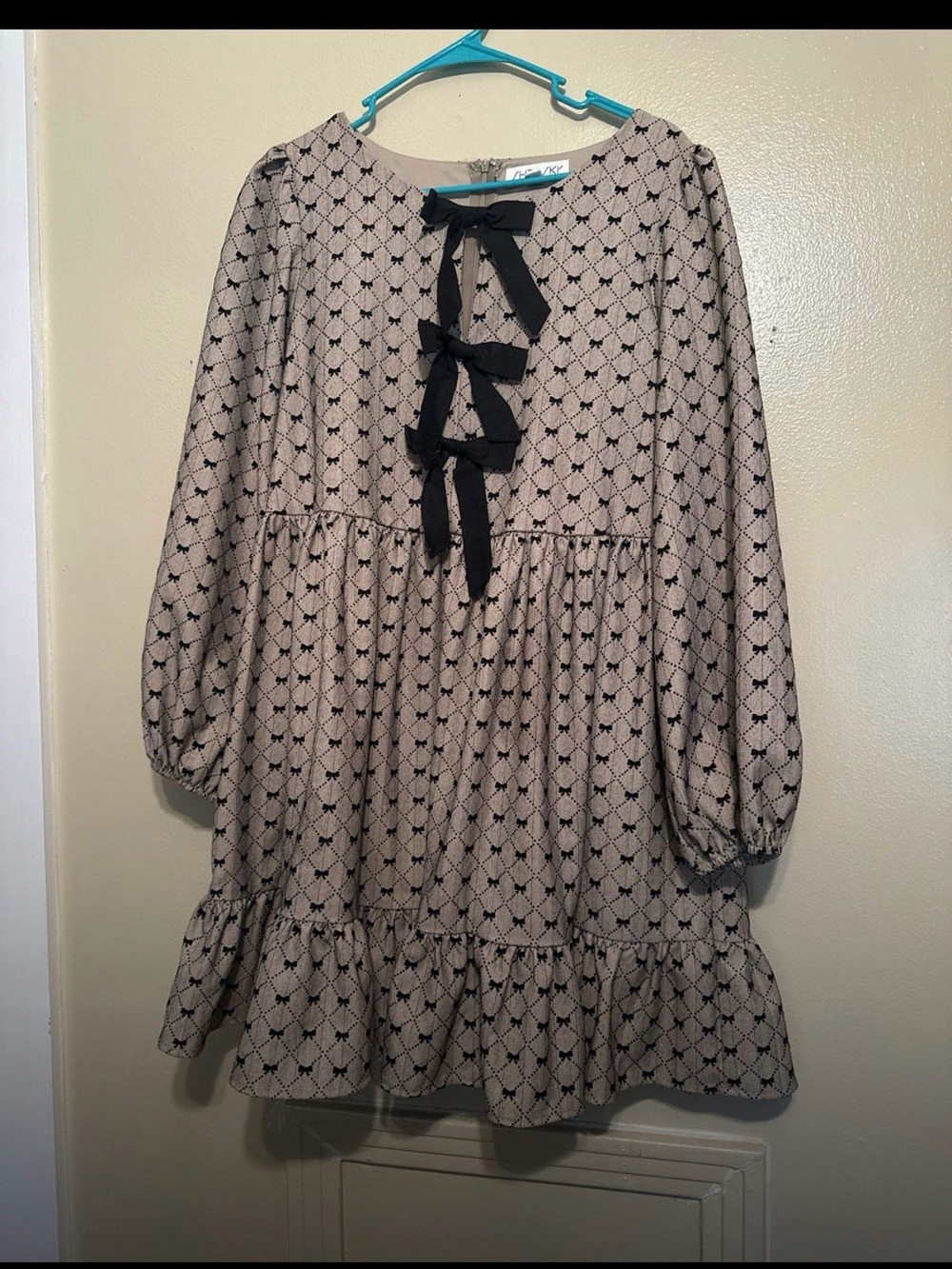 Beige Patterned Long Sleeve Dress with Black Bows